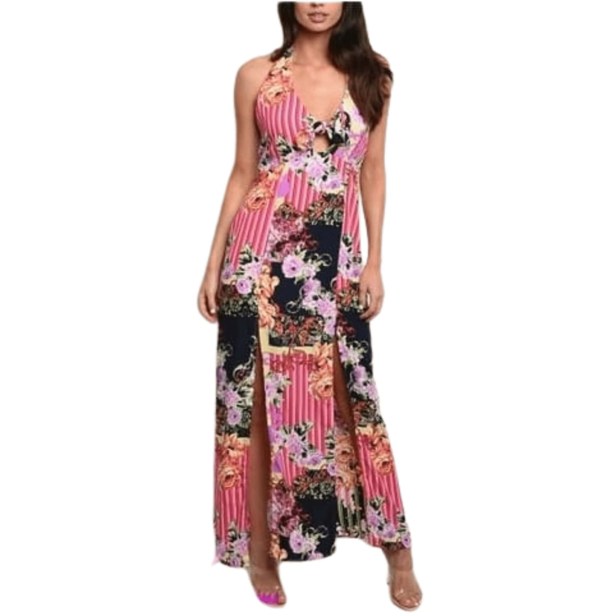 Pink Floral Halter Dress with Splits