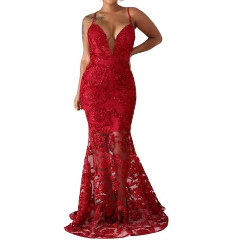 Red Long Lace Sequin Dress – Omniverce
