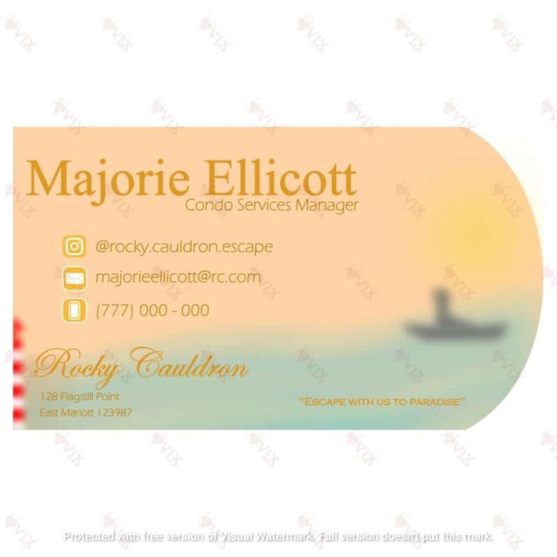 Business Card, Little Bay,Single Sided Straight Left & Curved Right Edges, Dusky Card, Lighthouse, Sand, Water, Sun & Vessel Design, Address Slot, Instagram, Email & Mobile Slot, Name & Title Slot, Slogan/Tagline Slot, Script, Serif & San Serif Fonts, Full Color, 3.5" x 2", 300dpi TIFF PNG & PDF Format