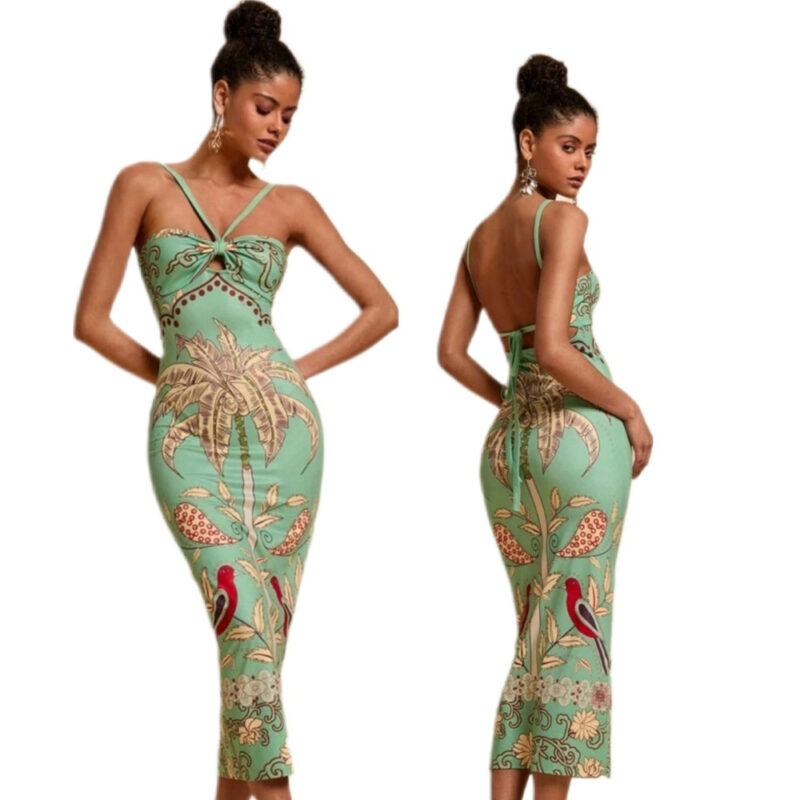 Light Green Tropical Halter Midi Dress