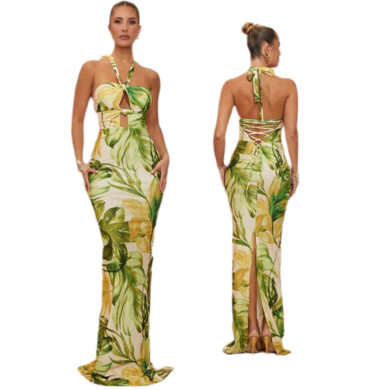 Knot Design Tropical Halter Maxi Dress (Tall Fit)