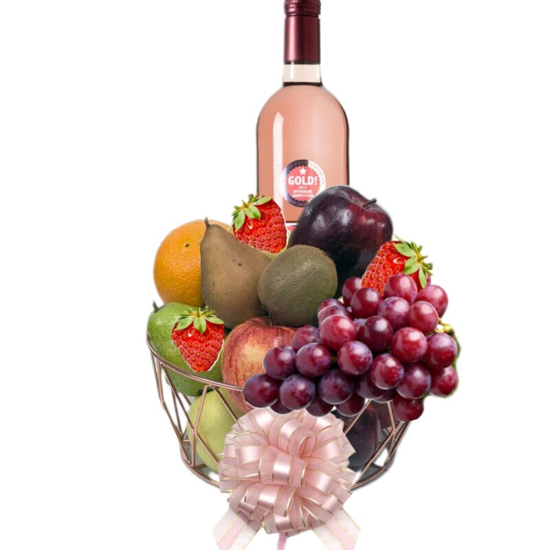 Metal fruit basket with wine